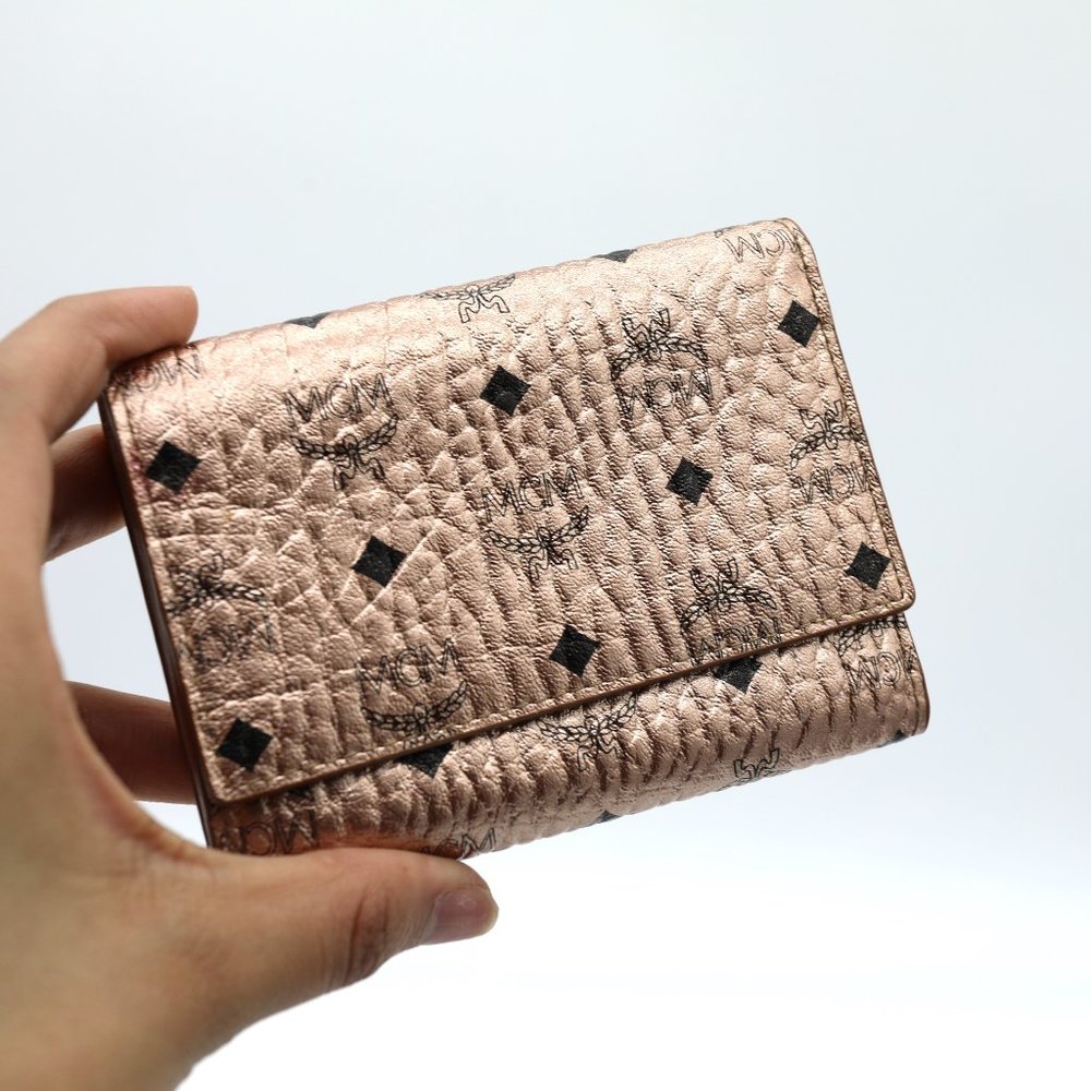 MCM Rose Gold Metallic Ladies Mini Zip Wallet in Visetos - With Box